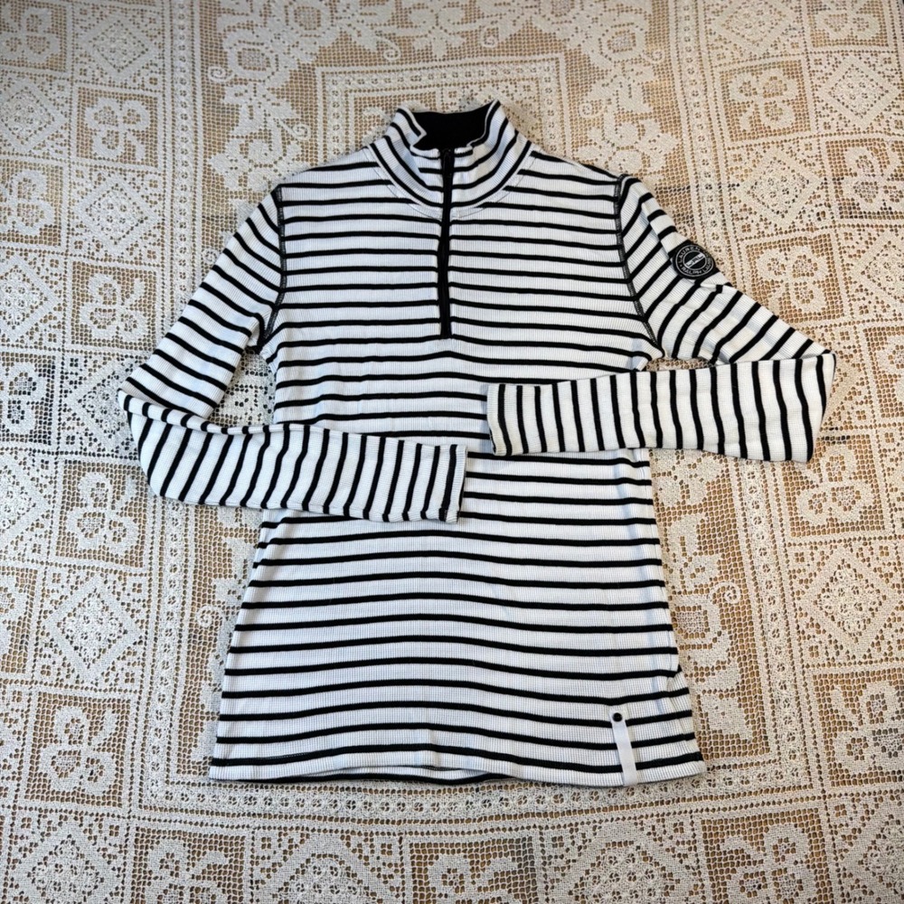 Lauren Ralph Lauren Active Black White Striped Waffle Zip Pullover Athleisure M